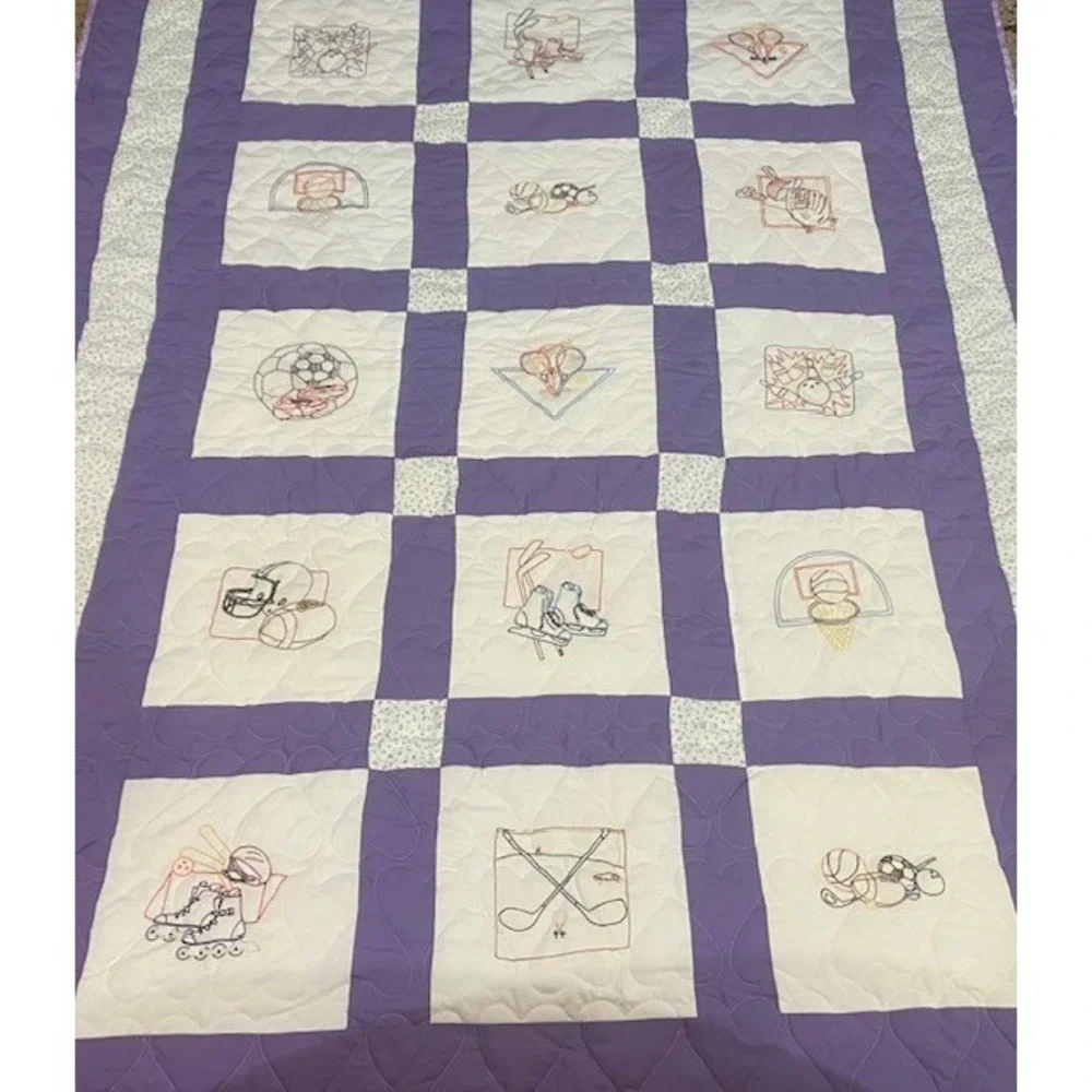 Quilt Machine Sown Quilted with Cross Stitched Blocks Sport Theme 58